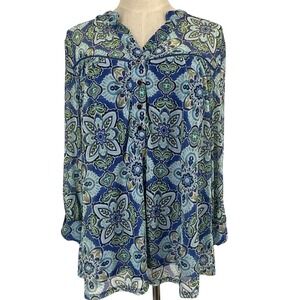 Juniper + Lime Womens Blue Floral Print Sheer Lined Tunic Top L Boho Whimsical